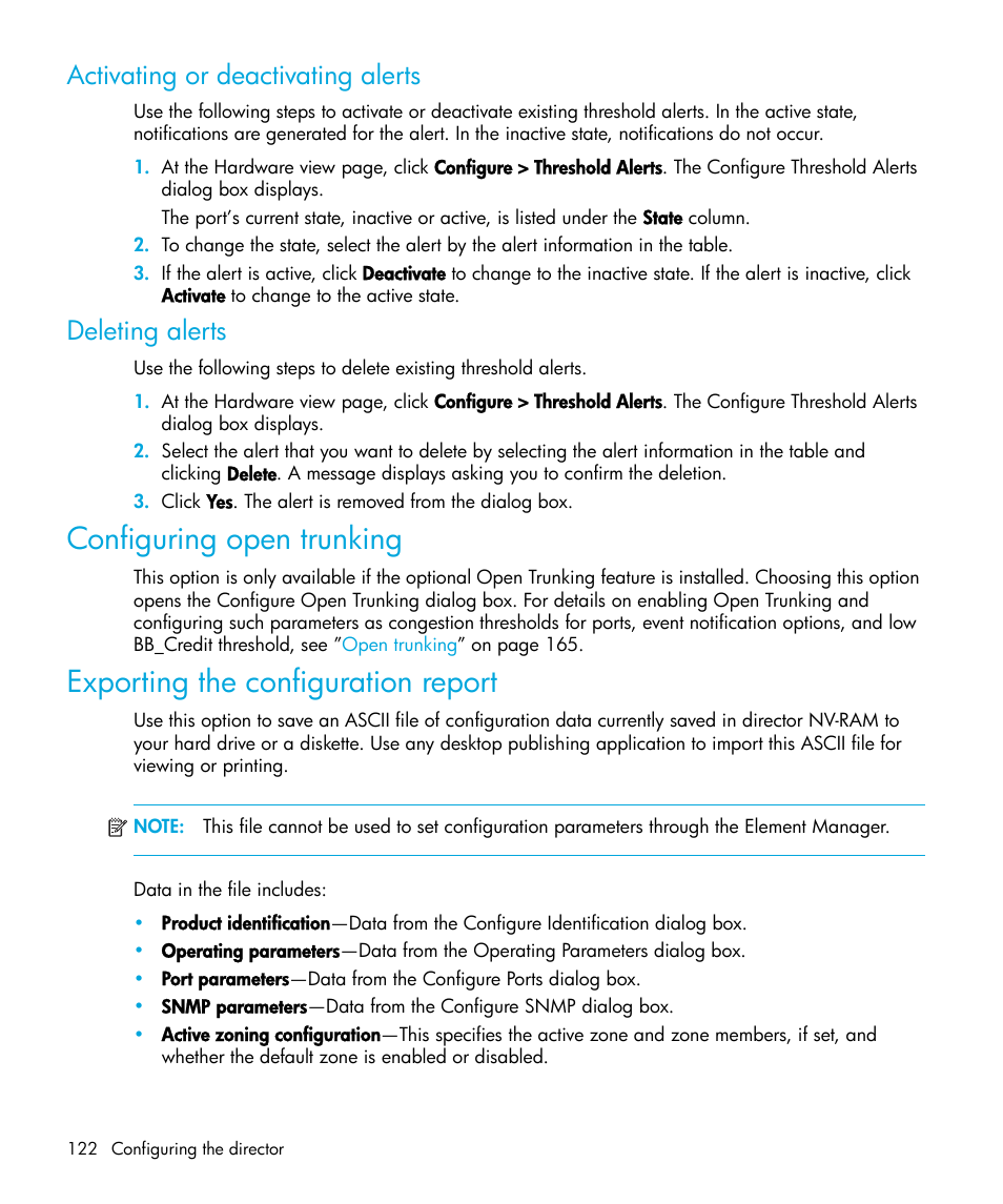 Activating or deactivating alerts, Deleting alerts, Configuring open trunking | Exporting the configuration report, Exporting the, Configuration report | HP StorageWorks 2.64 Director Switch User Manual | Page 122 / 216