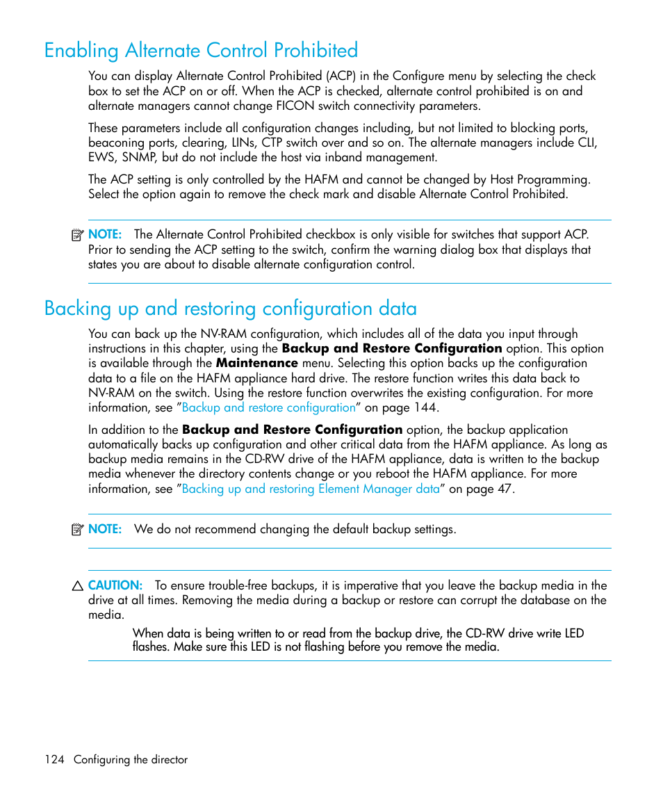 Enabling alternate control prohibited, Backing up and restoring configuration data | HP StorageWorks 2.64 Director Switch User Manual | Page 124 / 216