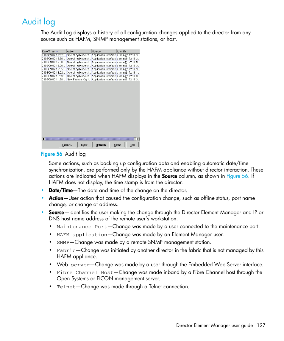 Audit log, Figure 56 audit log, 56 audit log | HP StorageWorks 2.64 Director Switch User Manual | Page 127 / 216