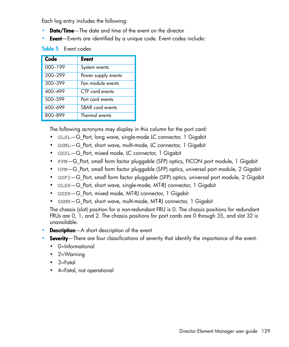 Table 5 event codes, 5 event codes | HP StorageWorks 2.64 Director Switch User Manual | Page 129 / 216