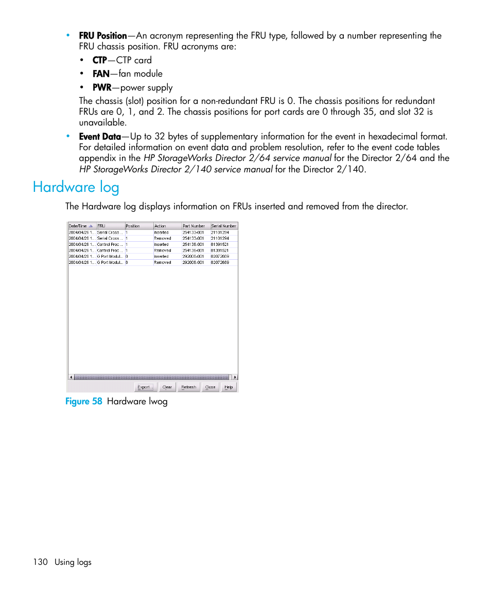 Hardware log, Figure 58 hardware lwog, 58 hardware lwog | Hardware | HP StorageWorks 2.64 Director Switch User Manual | Page 130 / 216