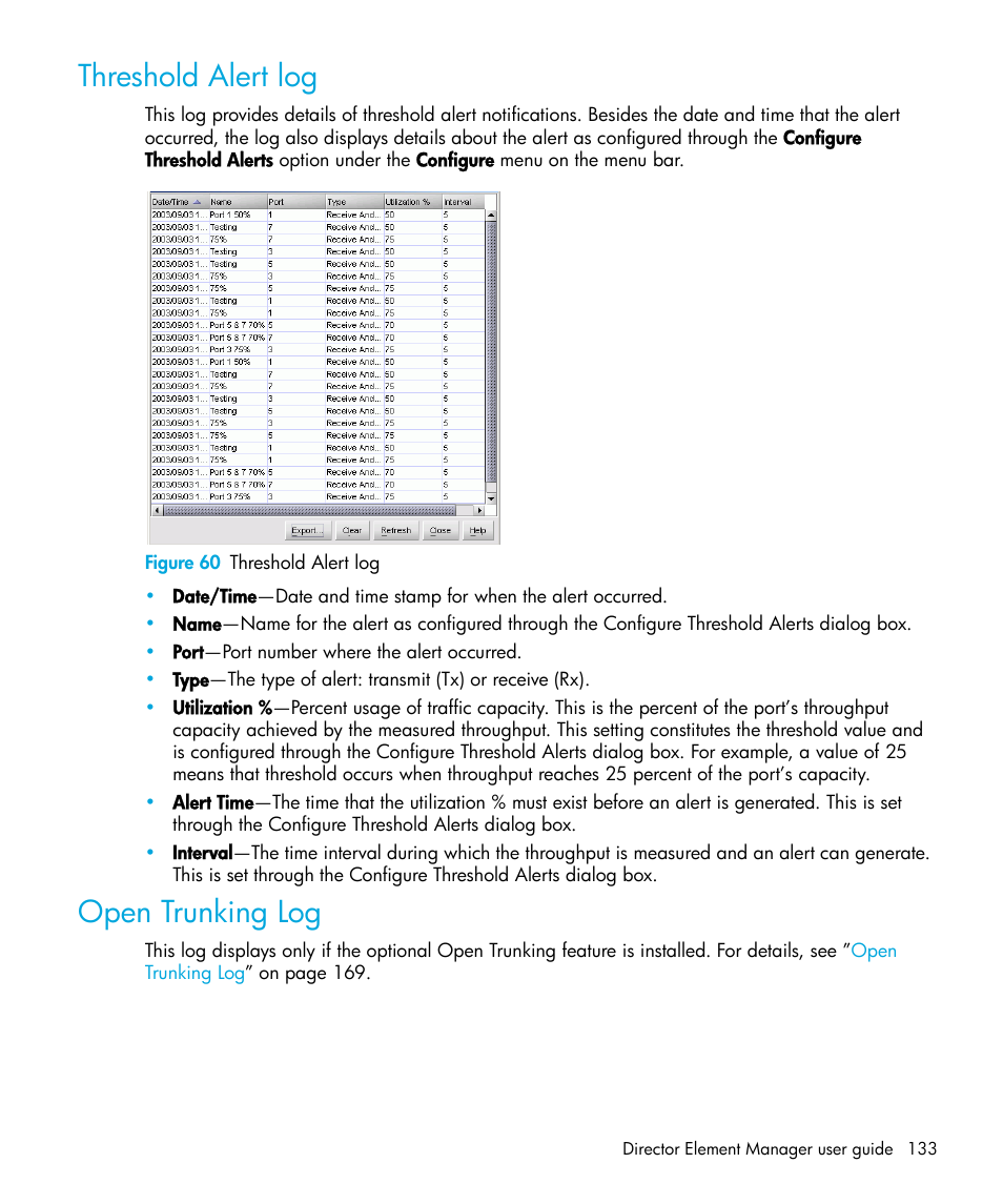 Threshold alert log, Figure 60 threshold alert log, Open trunking log | 60 threshold alert log | HP StorageWorks 2.64 Director Switch User Manual | Page 133 / 216