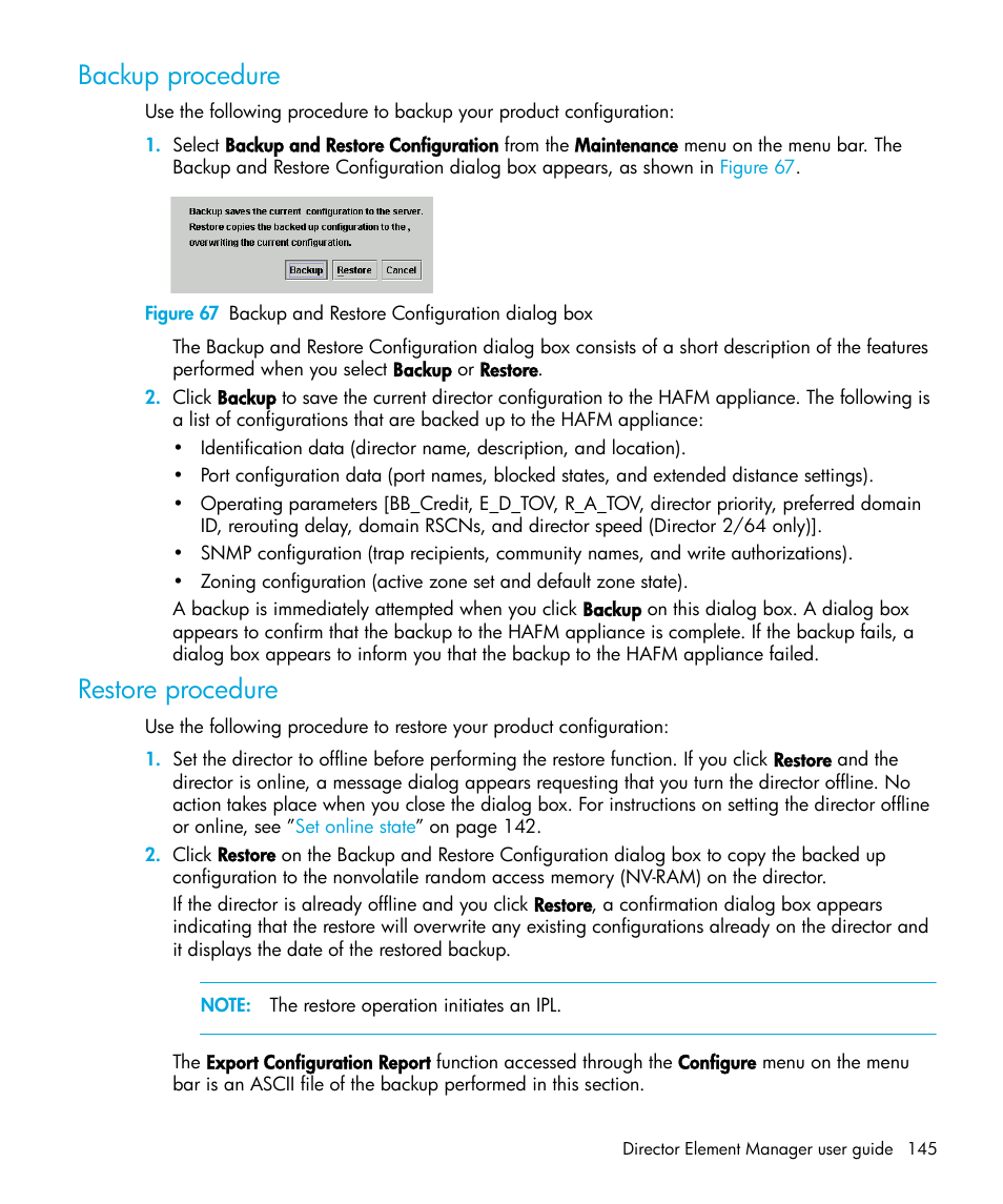 Backup procedure, Restore procedure, 67 backup and restore configuration dialog box | HP StorageWorks 2.64 Director Switch User Manual | Page 145 / 216