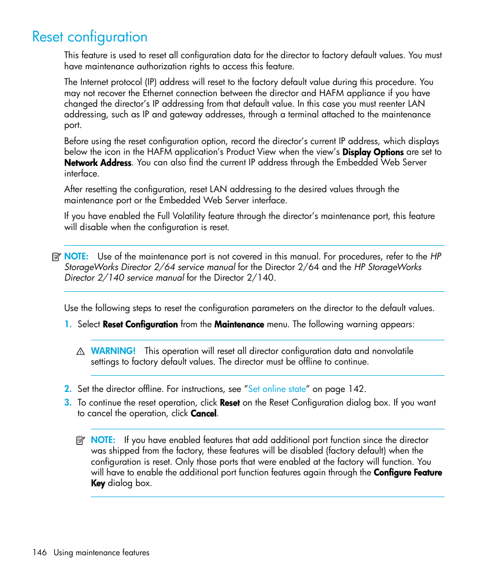 Reset configuration | HP StorageWorks 2.64 Director Switch User Manual | Page 146 / 216
