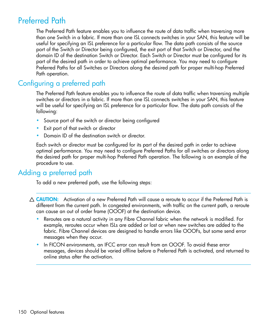 Preferred path, Configuring a preferred path, Adding a preferred path | HP StorageWorks 2.64 Director Switch User Manual | Page 150 / 216