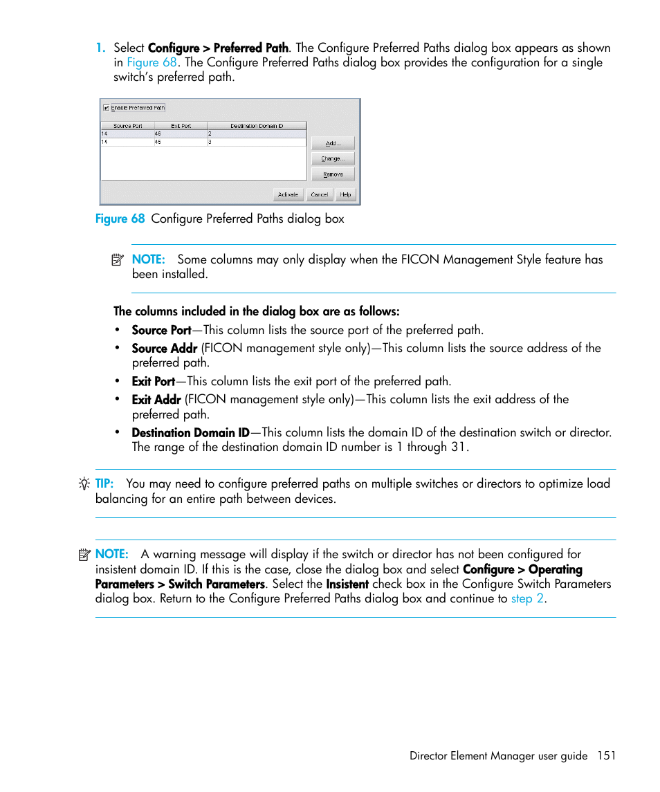 Figure 68 configure preferred paths dialog box, 68 configure preferred paths dialog box | HP StorageWorks 2.64 Director Switch User Manual | Page 151 / 216