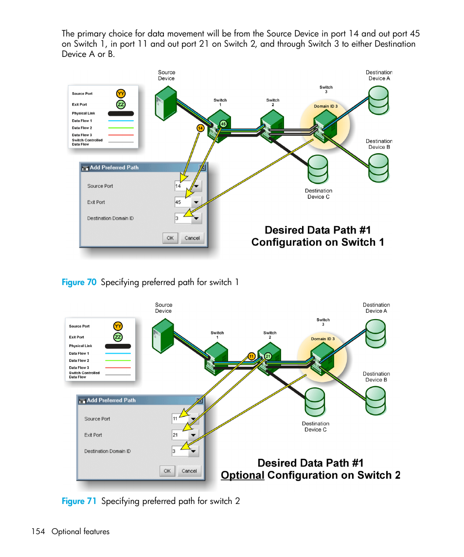Figure 70 specifying preferred path for switch 1, Figure 71 specifying preferred path for switch 2, 70 specifying preferred path for switch 1 | 71 specifying preferred path for switch 2, Figure 70, Figure 71 | HP StorageWorks 2.64 Director Switch User Manual | Page 154 / 216