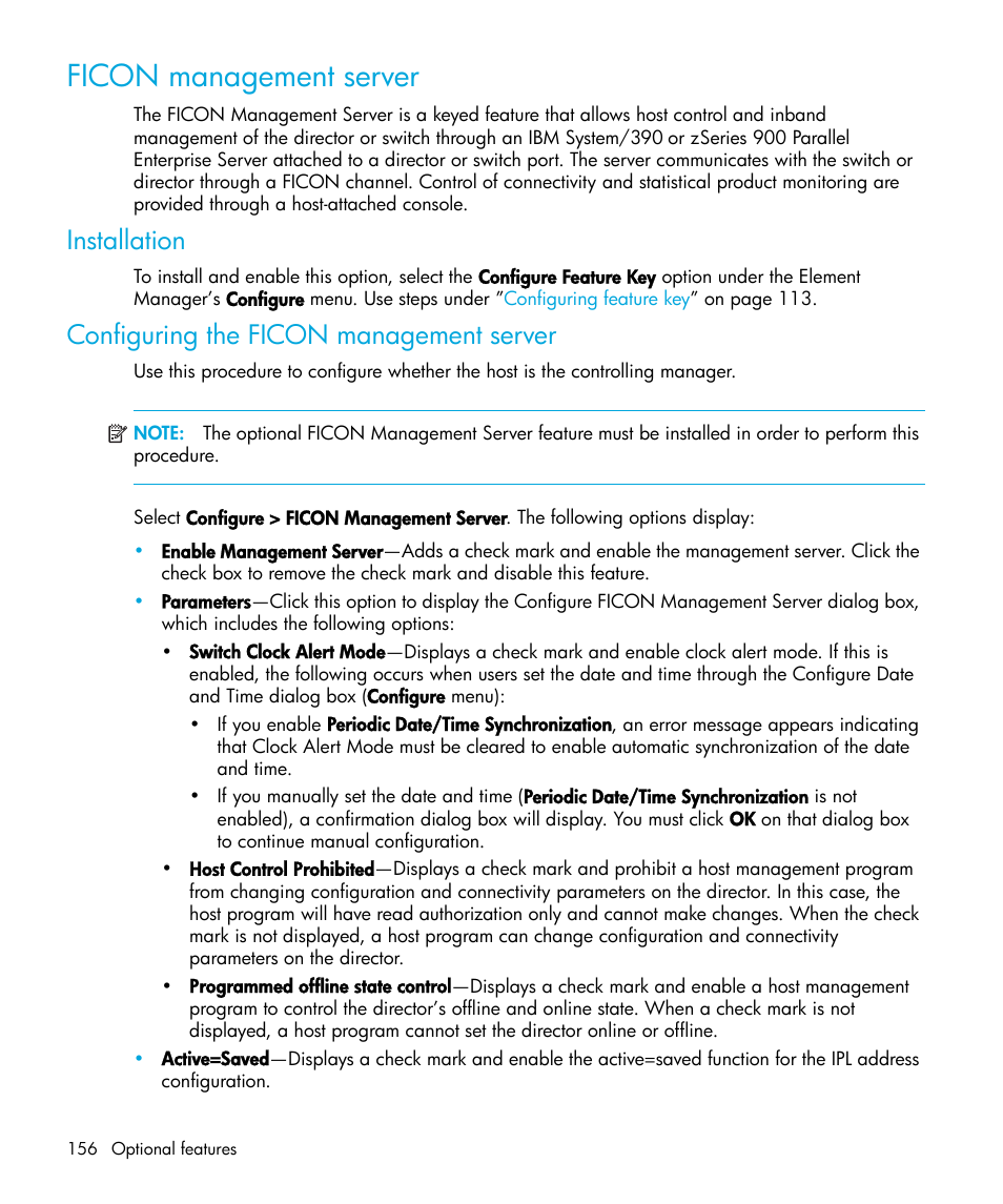 Ficon management server, Installation, Configuring the ficon management server | Configuring the ficon, Management server | HP StorageWorks 2.64 Director Switch User Manual | Page 156 / 216