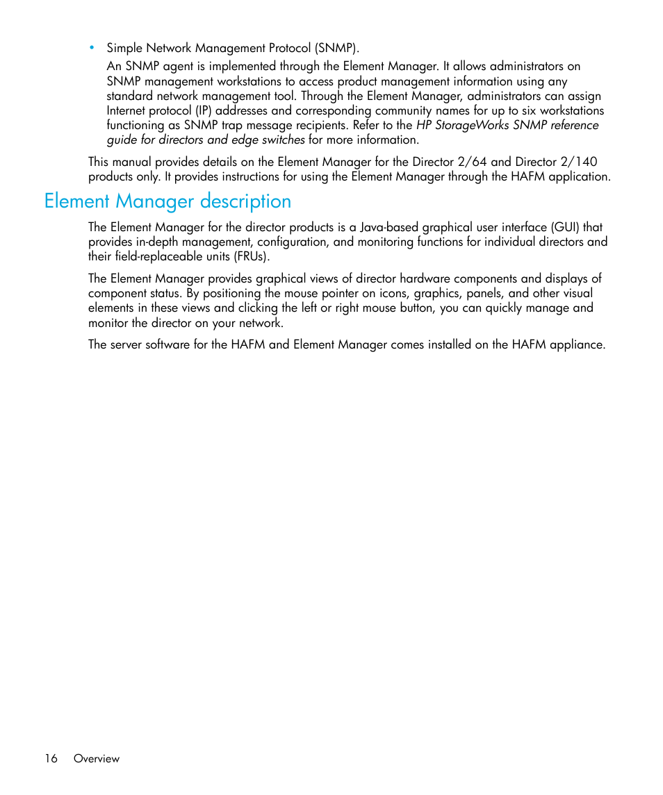 Element manager description | HP StorageWorks 2.64 Director Switch User Manual | Page 16 / 216