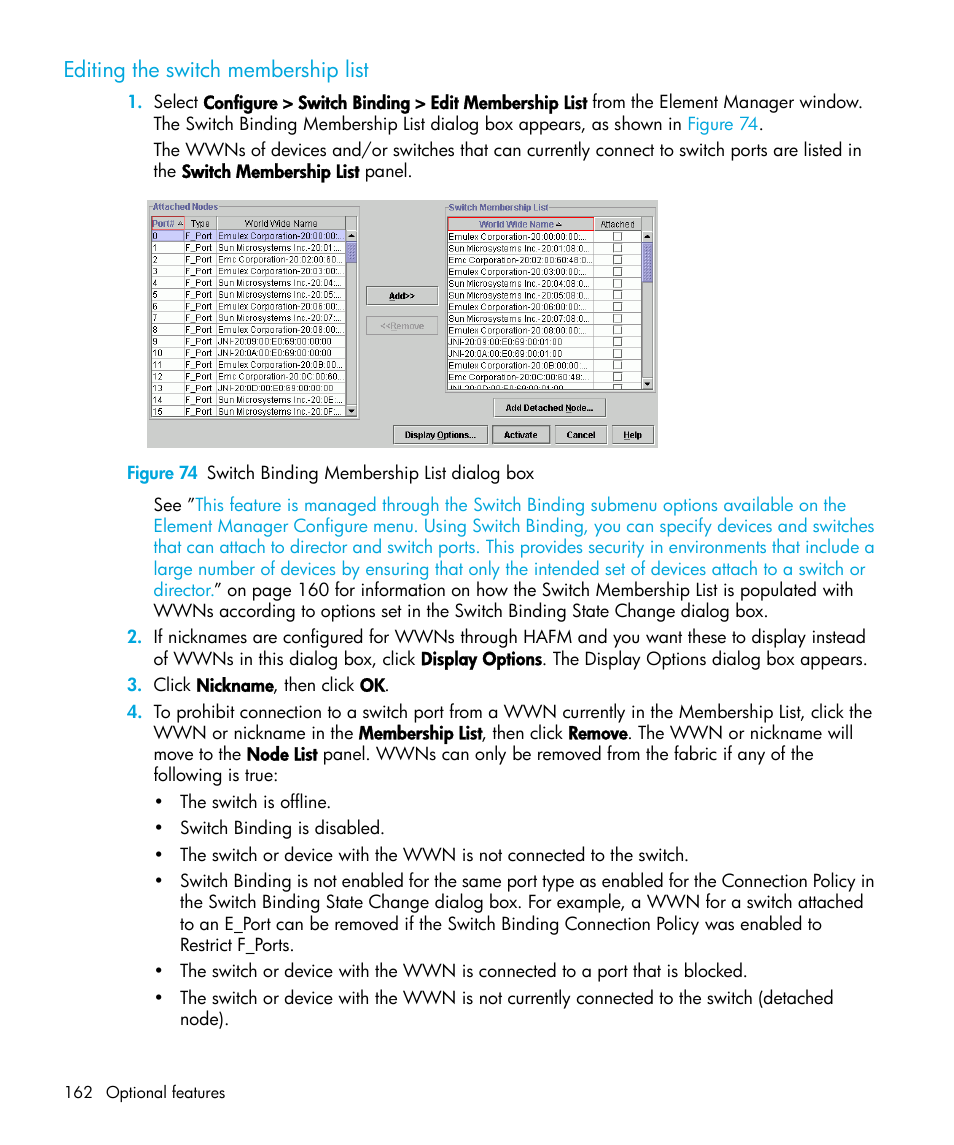 Editing the switch membership list, 74 switch binding membership list dialog box | HP StorageWorks 2.64 Director Switch User Manual | Page 162 / 216