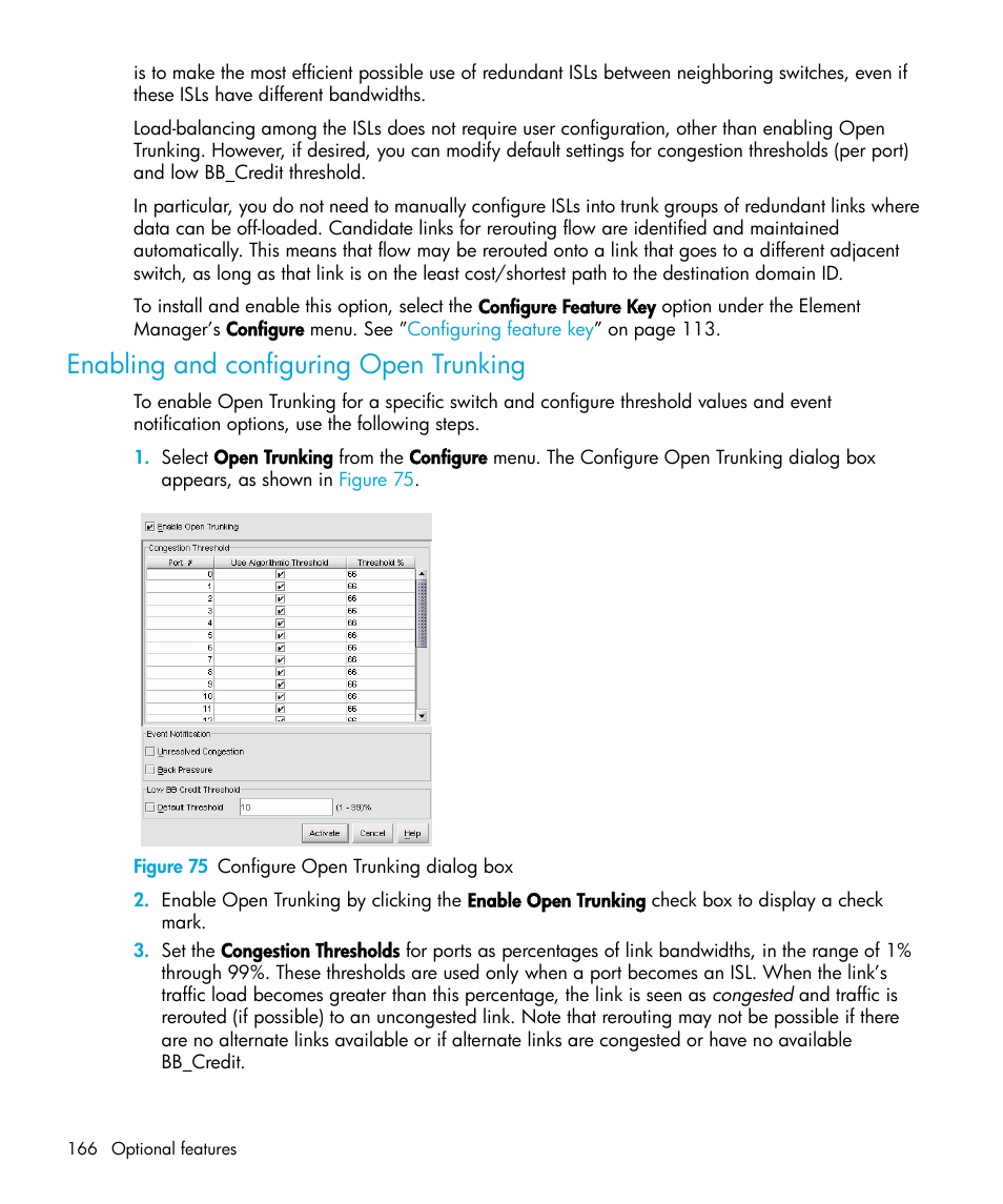 Enabling and configuring open trunking, Figure 75 configure open trunking dialog box, 75 configure open trunking dialog box | HP StorageWorks 2.64 Director Switch User Manual | Page 166 / 216