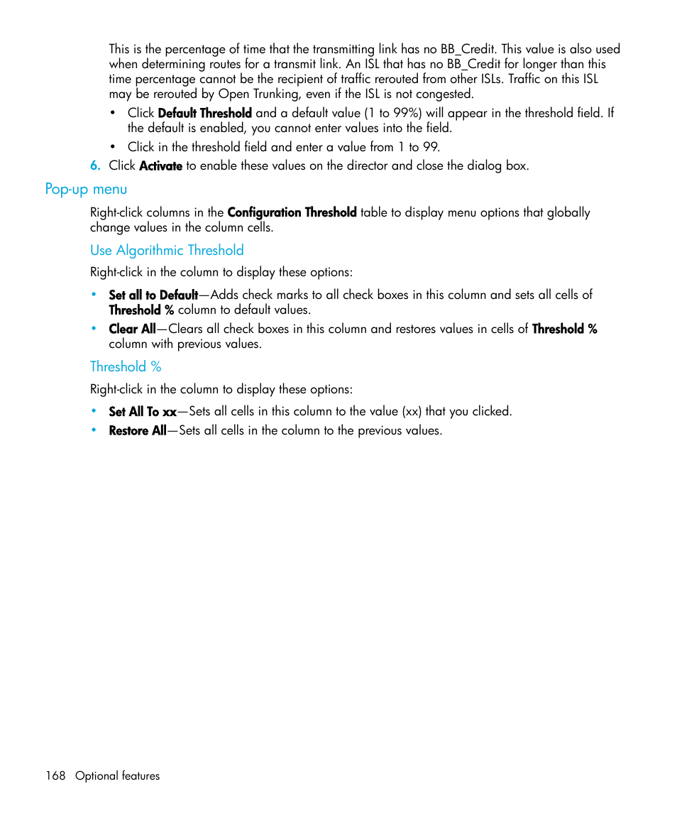 Pop-up menu, Use algorithmic threshold, Threshold | HP StorageWorks 2.64 Director Switch User Manual | Page 168 / 216