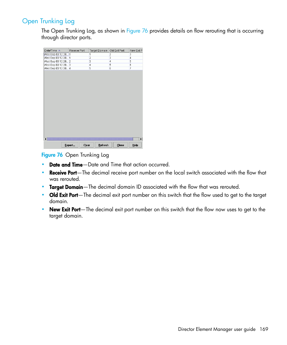 Open trunking log, Figure 76 open trunking log, 76 open trunking log | Open, Trunking log | HP StorageWorks 2.64 Director Switch User Manual | Page 169 / 216
