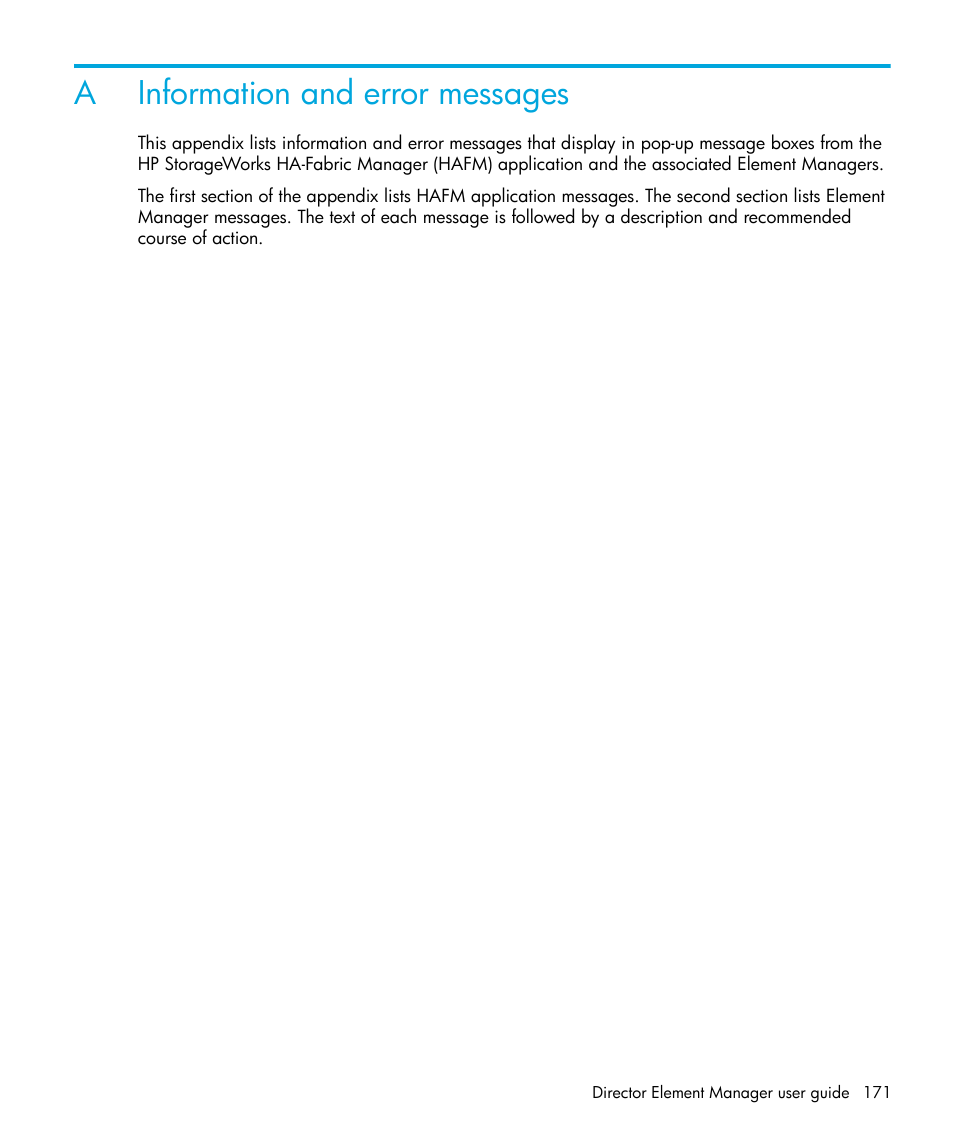 Information and error messages, A information and error messages | HP StorageWorks 2.64 Director Switch User Manual | Page 171 / 216