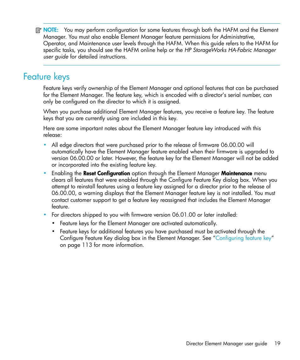 Feature keys | HP StorageWorks 2.64 Director Switch User Manual | Page 19 / 216