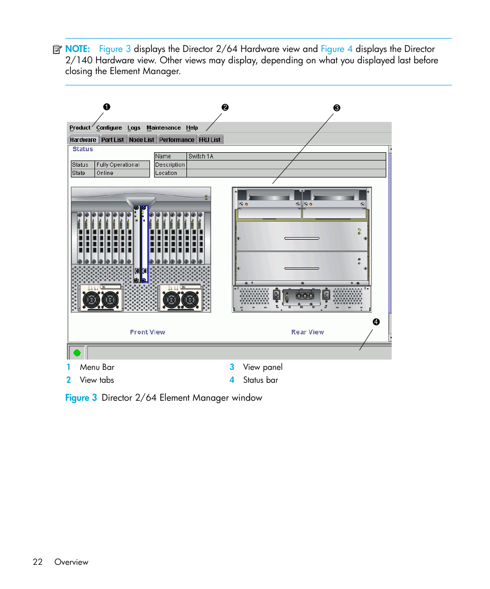 Figure 3 director 2/64 element manager window, 3 director 2/64 element manager window, Figure 3 | HP StorageWorks 2.64 Director Switch User Manual | Page 22 / 216