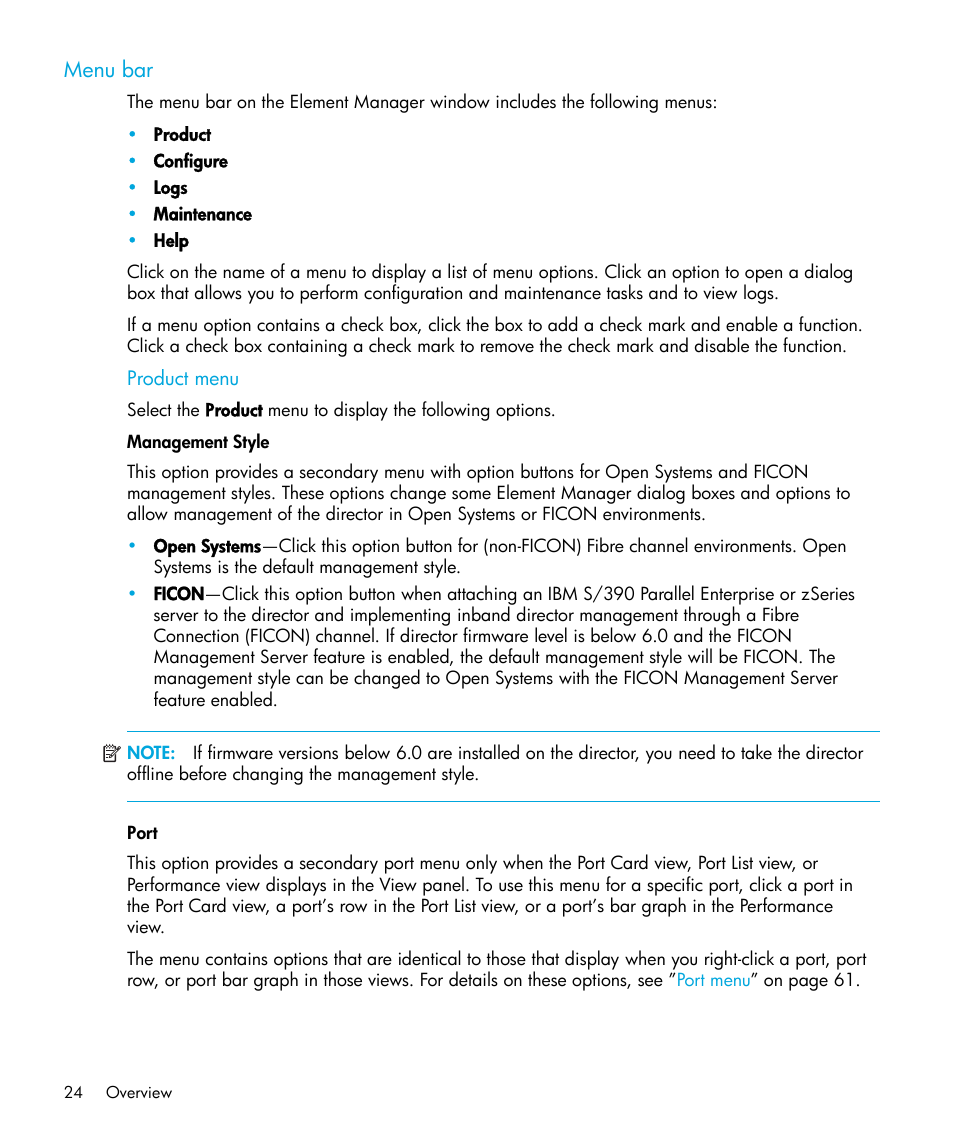 Menu bar, Product menu, Management style | Port | HP StorageWorks 2.64 Director Switch User Manual | Page 24 / 216