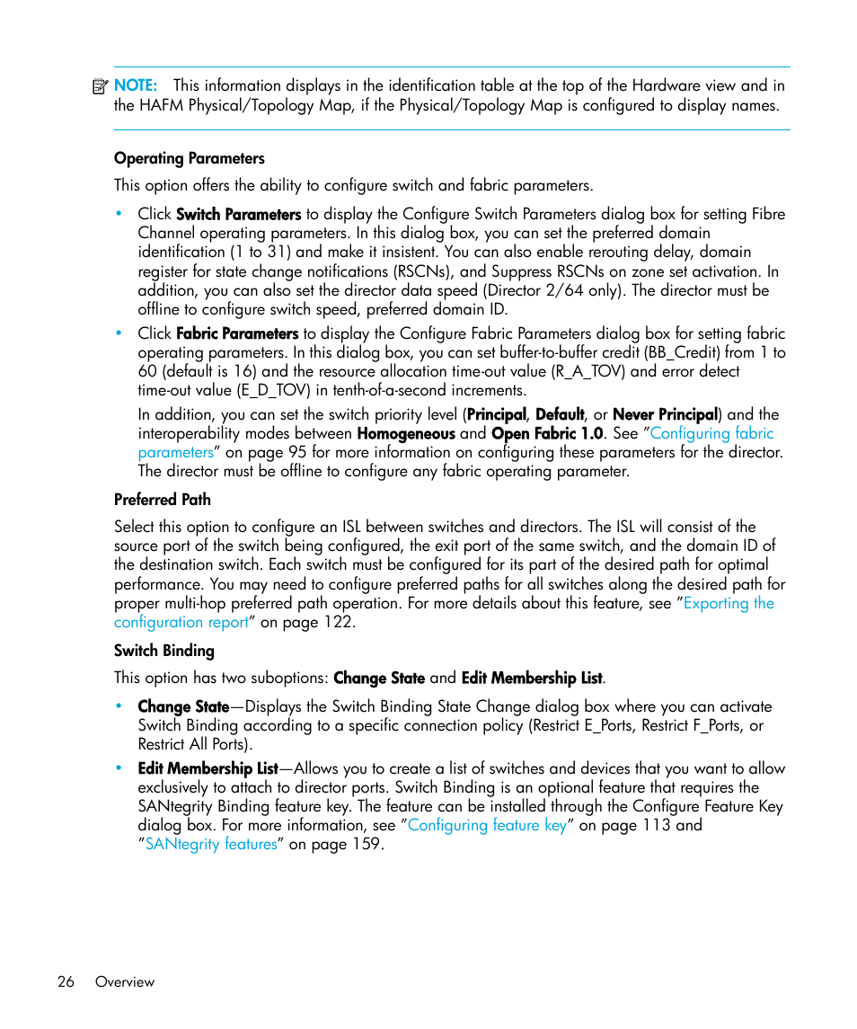 Operating parameters, Preferred path, Switch binding | HP StorageWorks 2.64 Director Switch User Manual | Page 26 / 216