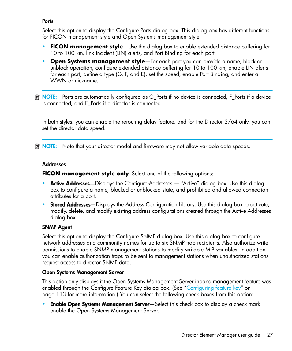 Ports, Addresses, Snmp agent | Open systems management server | HP StorageWorks 2.64 Director Switch User Manual | Page 27 / 216