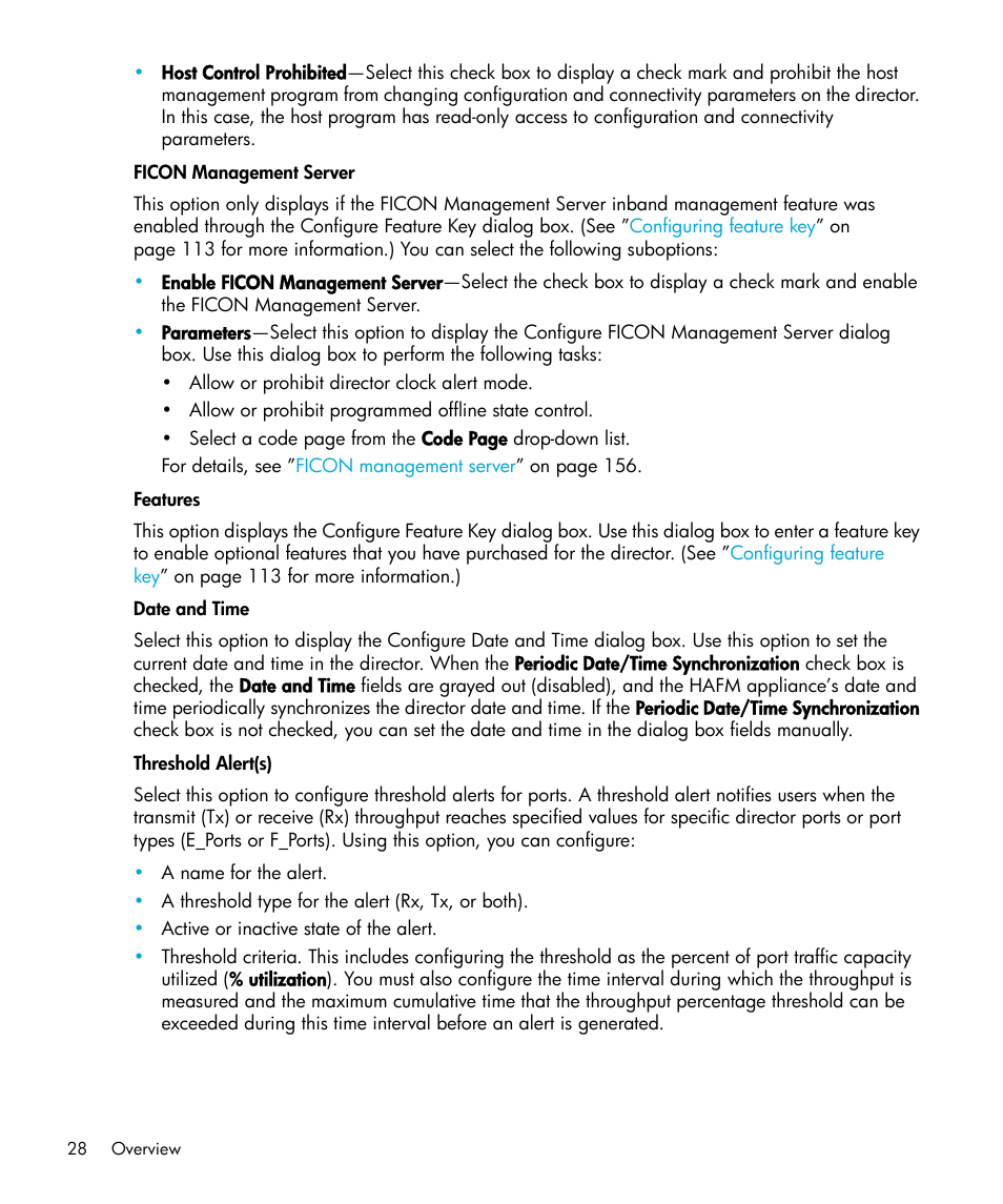 Ficon management server, Features, Date and time | Threshold alert(s) | HP StorageWorks 2.64 Director Switch User Manual | Page 28 / 216