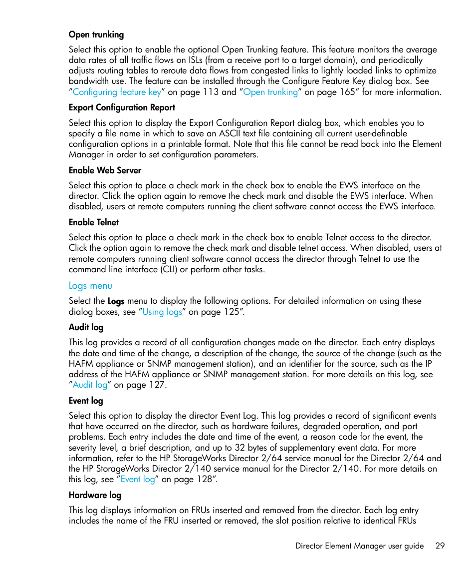 Open trunking, Export configuration report, Enable web server | Enable telnet, Logs menu, Audit log, Event log, Hardware log | HP StorageWorks 2.64 Director Switch User Manual | Page 29 / 216