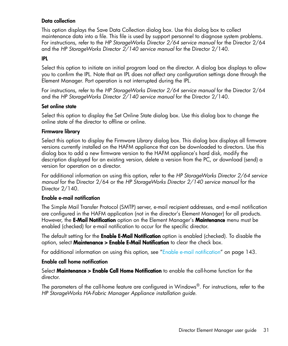 Data collection, Set online state, Firmware library | Enable e-mail notification, Enable call home notification | HP StorageWorks 2.64 Director Switch User Manual | Page 31 / 216