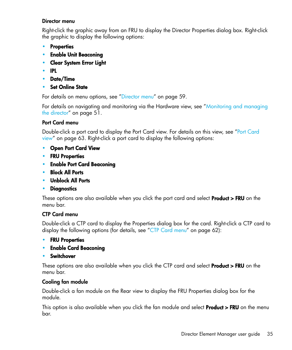 Director menu, Port card menu, Ctp card menu | Cooling fan module | HP StorageWorks 2.64 Director Switch User Manual | Page 35 / 216