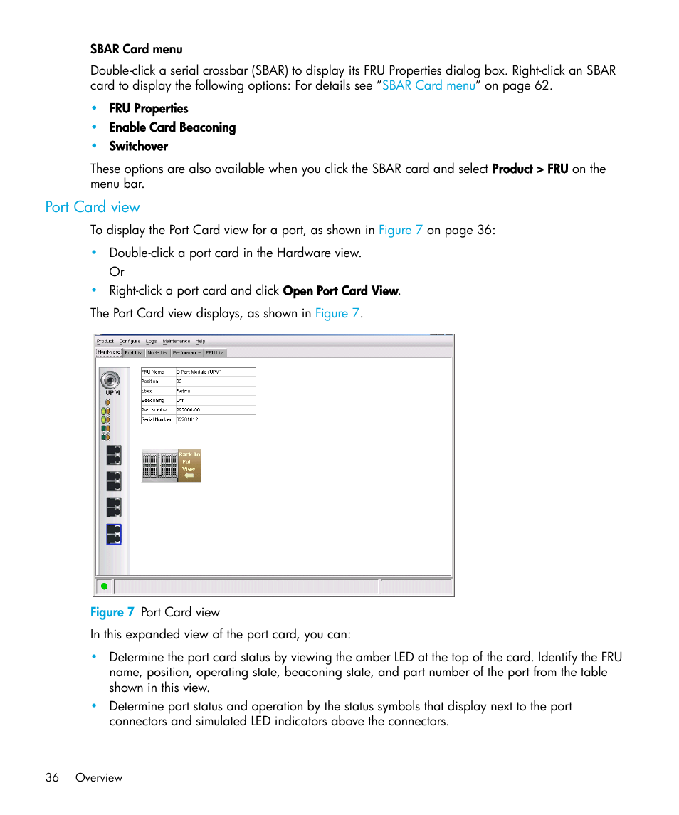 Sbar card menu, Port card view, Figure 7 port card view | 7 port card view | HP StorageWorks 2.64 Director Switch User Manual | Page 36 / 216