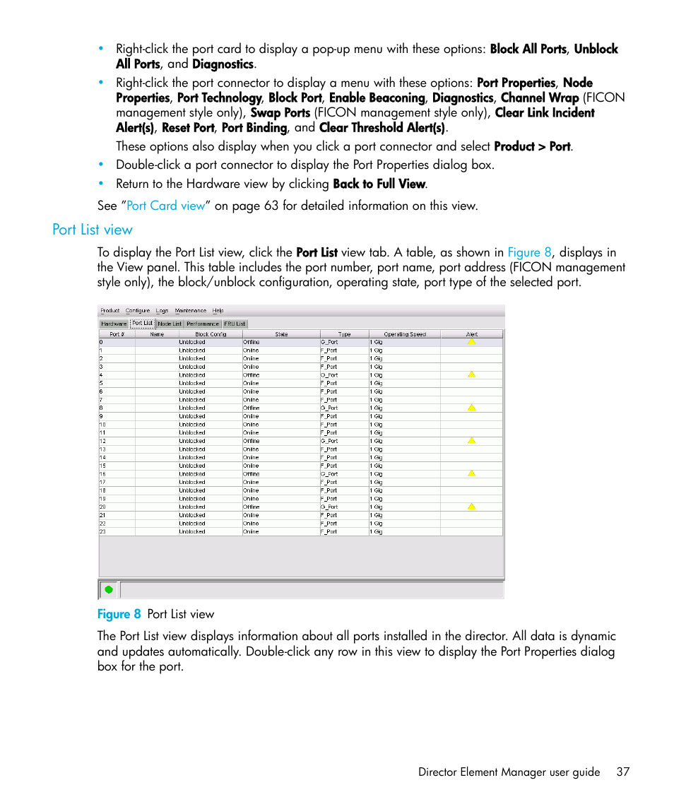 Port list view, Figure 8 port list view, 8 port list view | HP StorageWorks 2.64 Director Switch User Manual | Page 37 / 216