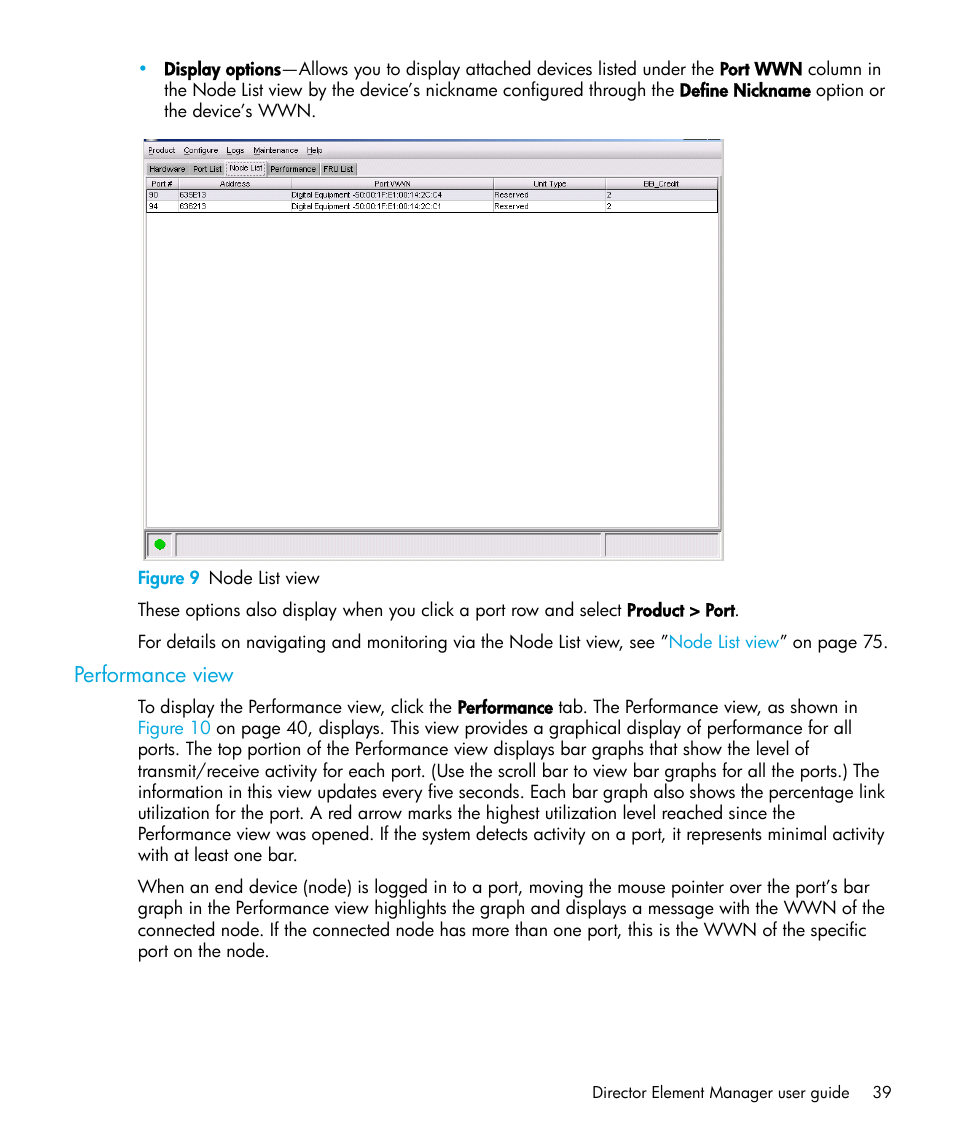 Figure 9 node list view, Performance view, 9 node list view | Figure 9 | HP StorageWorks 2.64 Director Switch User Manual | Page 39 / 216