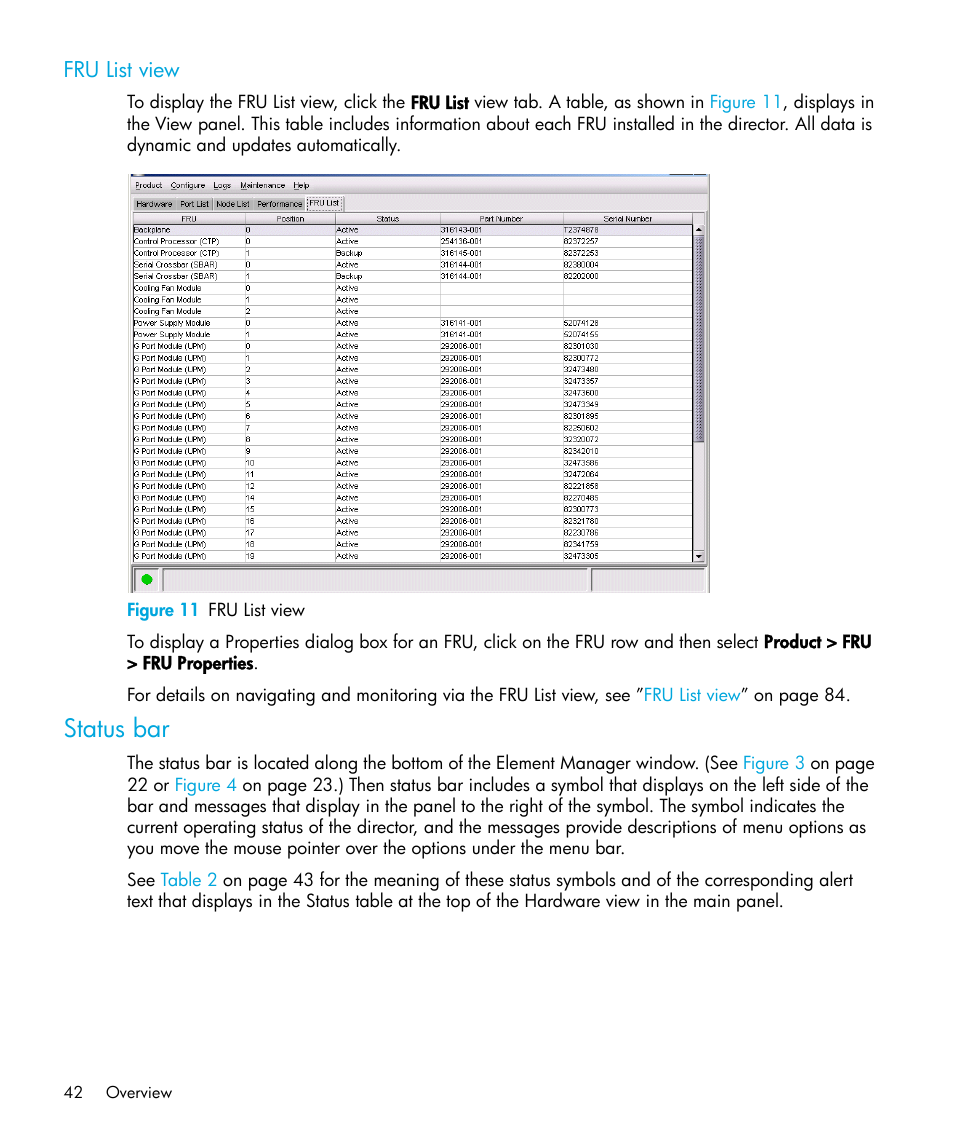 Fru list view, Figure 11 fru list view, Status bar | 11 fru list view | HP StorageWorks 2.64 Director Switch User Manual | Page 42 / 216