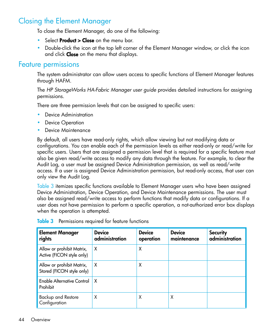 Closing the element manager, Feature permissions, Table 3 permissions required for feature functions | 3 permissions required for feature functions | HP StorageWorks 2.64 Director Switch User Manual | Page 44 / 216