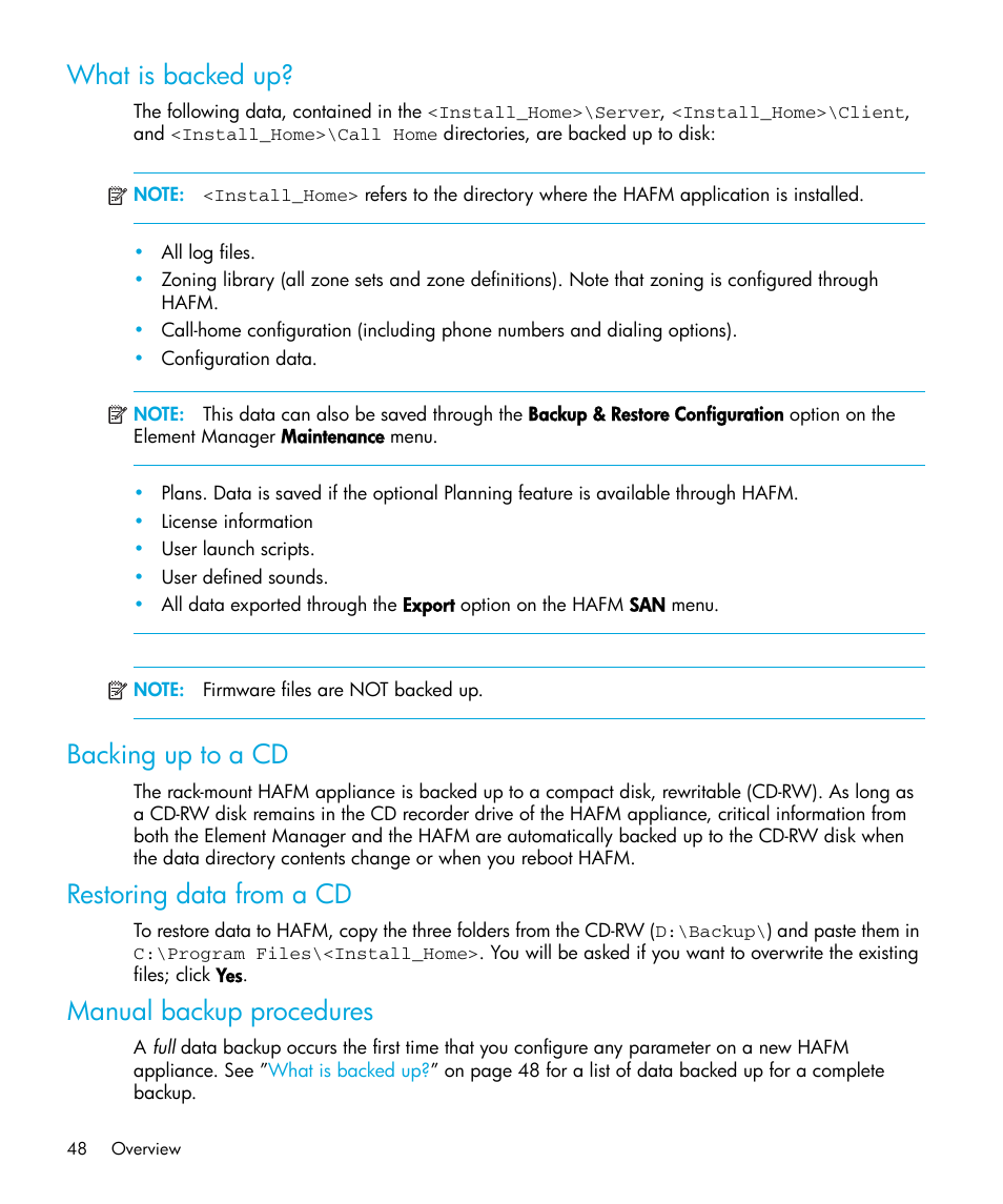 What is backed up, Backing up to a cd, Restoring data from a cd | Manual backup procedures | HP StorageWorks 2.64 Director Switch User Manual | Page 48 / 216