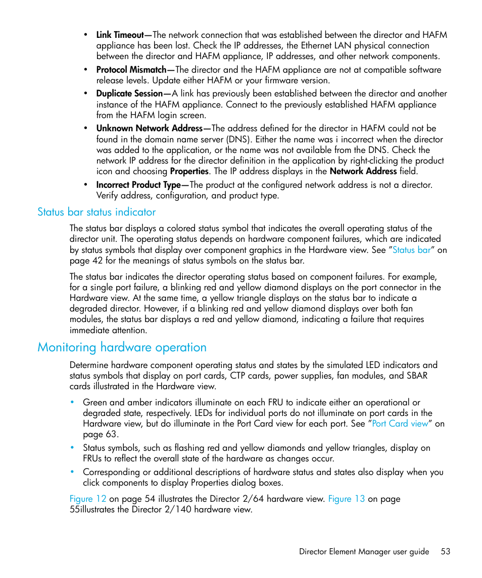 Status bar status indicator, Monitoring hardware operation | HP StorageWorks 2.64 Director Switch User Manual | Page 53 / 216