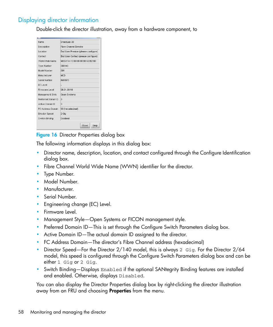 Displaying director information, Figure 16 director properties dialog box, 16 director properties dialog box | Ed under, Displaying, Director information | HP StorageWorks 2.64 Director Switch User Manual | Page 58 / 216