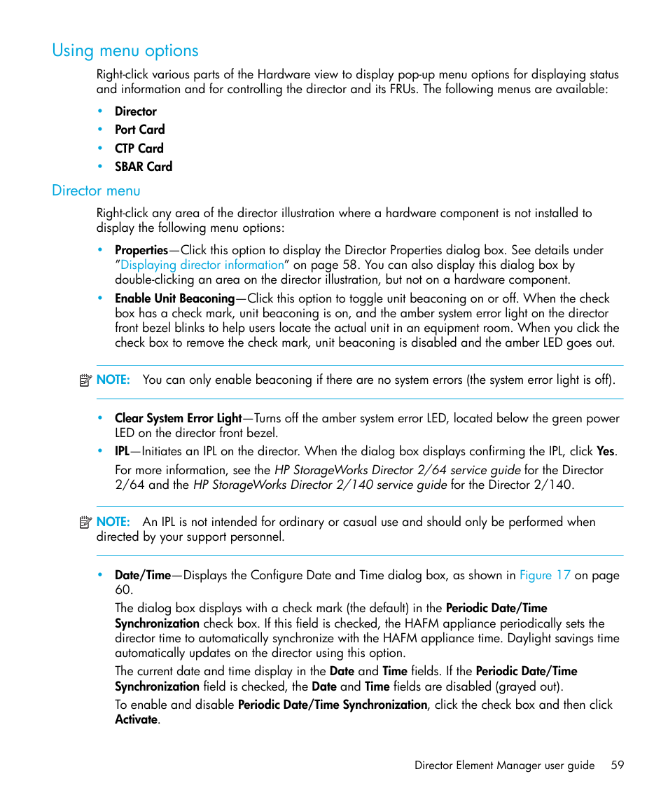 Using menu options, Director menu | HP StorageWorks 2.64 Director Switch User Manual | Page 59 / 216
