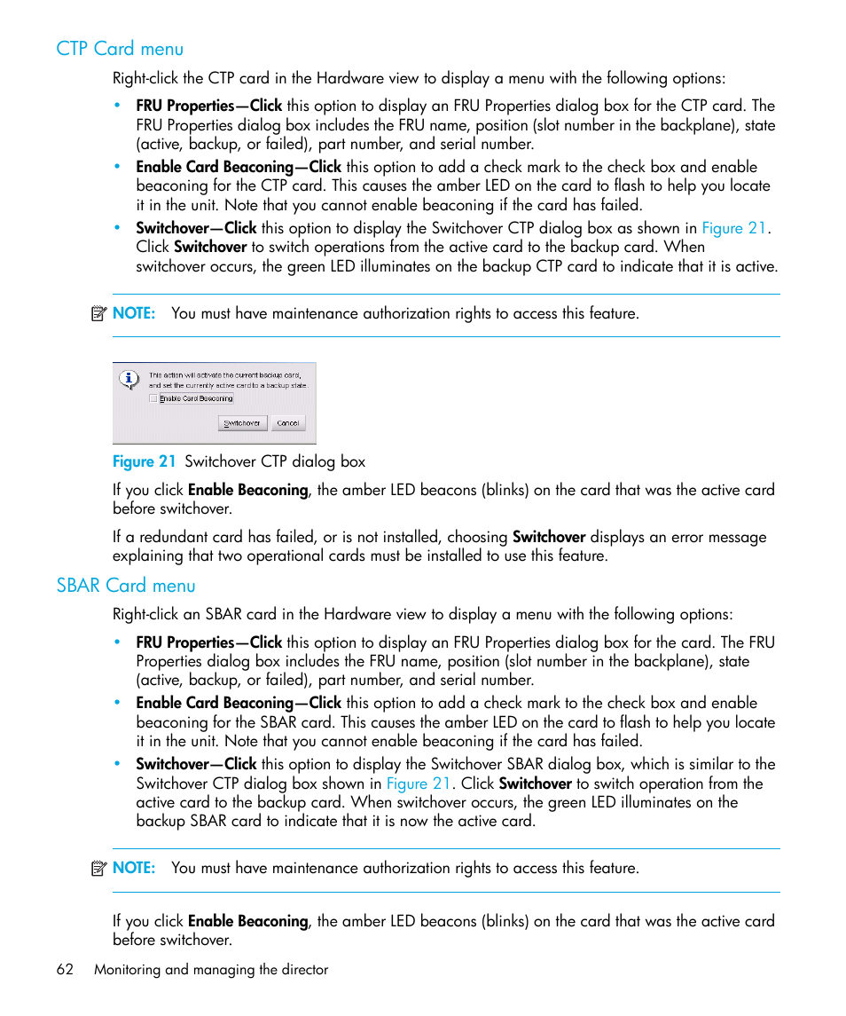 Ctp card menu, Figure 21 switchover ctp dialog box, Sbar card menu | 21 switchover ctp dialog box | HP StorageWorks 2.64 Director Switch User Manual | Page 62 / 216