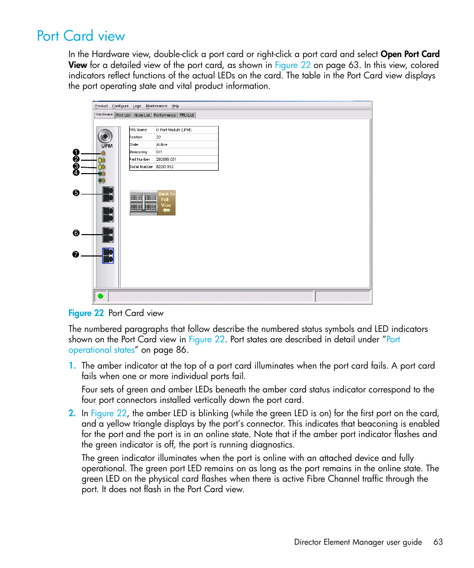 Port card view, Figure 22 port card view, 22 port card view | Port card, View | HP StorageWorks 2.64 Director Switch User Manual | Page 63 / 216