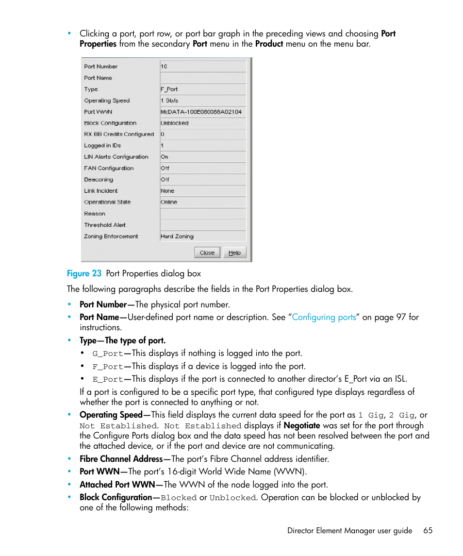 Figure 23 port properties dialog box, 23 port properties dialog box, N in | Figure 23 | HP StorageWorks 2.64 Director Switch User Manual | Page 65 / 216