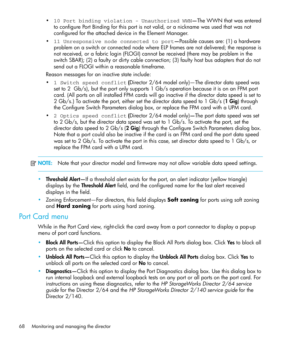 Port card menu | HP StorageWorks 2.64 Director Switch User Manual | Page 68 / 216