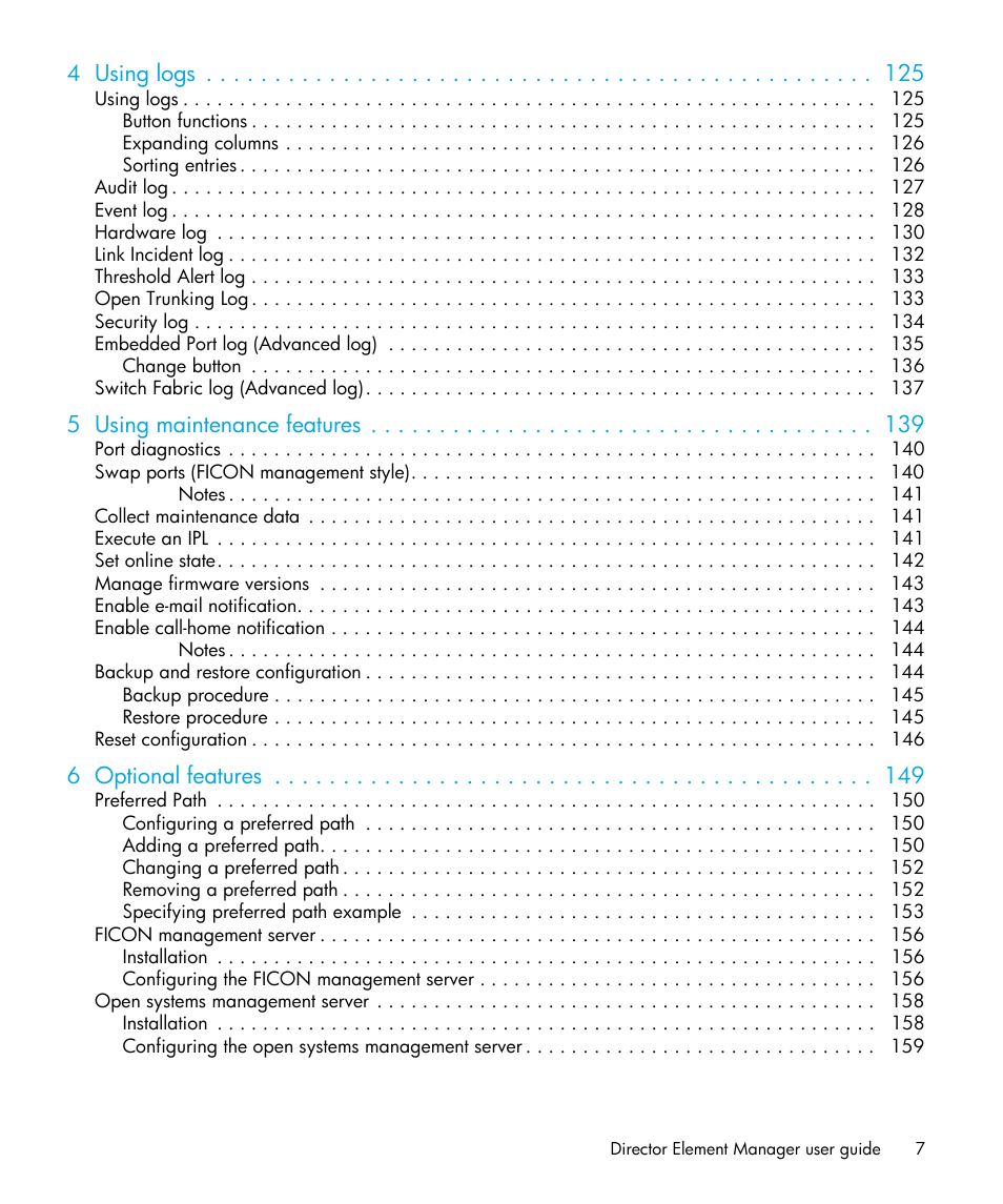 4 using logs, 5 using maintenance features, 6 optional features | HP StorageWorks 2.64 Director Switch User Manual | Page 7 / 216