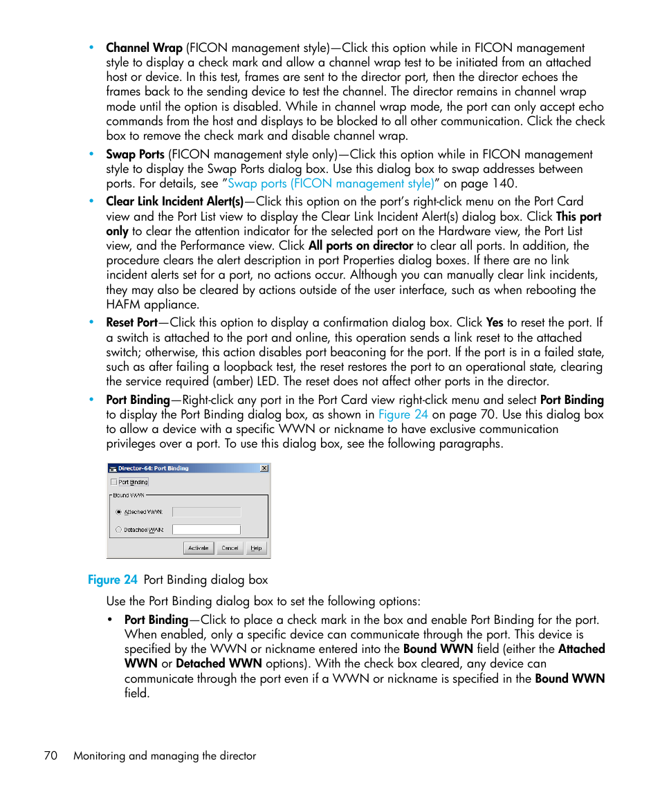 Figure 24 port binding dialog box, 24 port binding dialog box | HP StorageWorks 2.64 Director Switch User Manual | Page 70 / 216