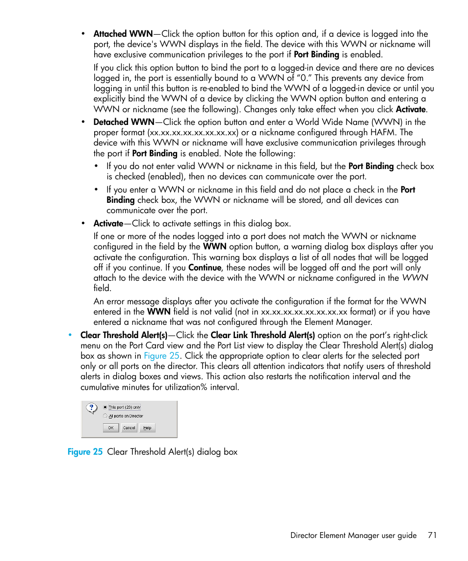 Figure 25 clear threshold alert(s) dialog box, 25 clear threshold alert(s) dialog box | HP StorageWorks 2.64 Director Switch User Manual | Page 71 / 216