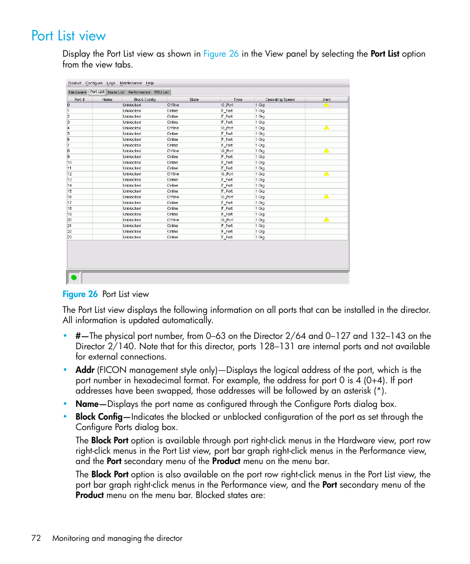 Port list view, Figure 26 port list view, 26 port list view | HP StorageWorks 2.64 Director Switch User Manual | Page 72 / 216