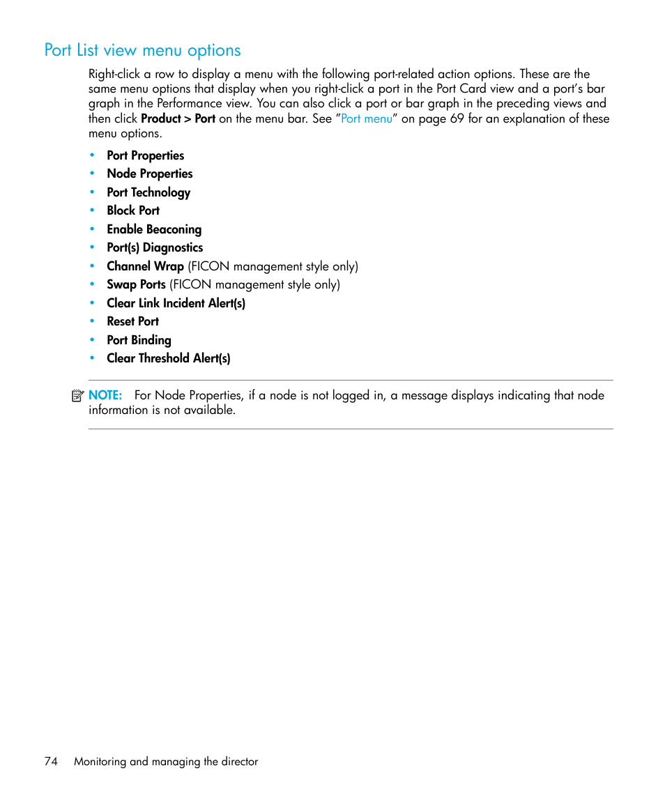 Port list view menu options | HP StorageWorks 2.64 Director Switch User Manual | Page 74 / 216