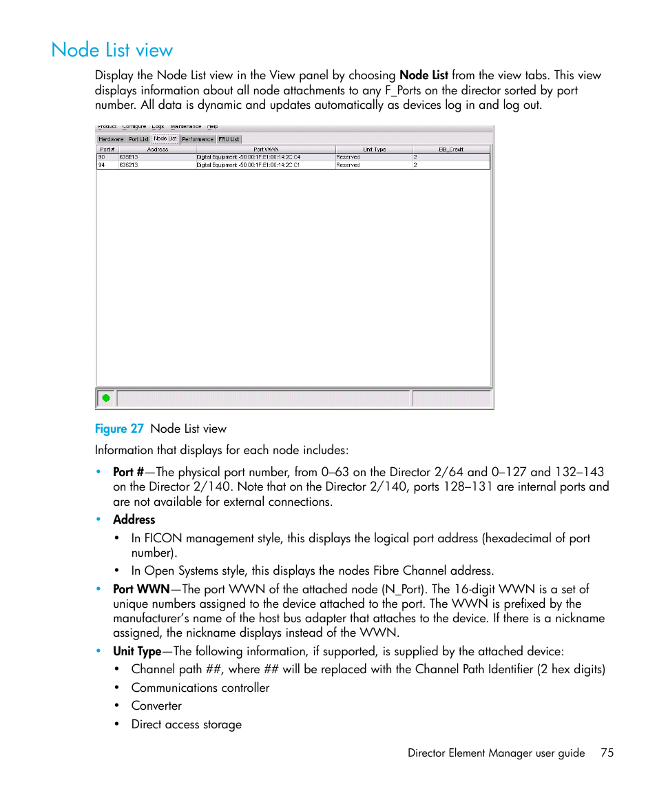 Node list view, Figure 27 node list view, 27 node list view | HP StorageWorks 2.64 Director Switch User Manual | Page 75 / 216