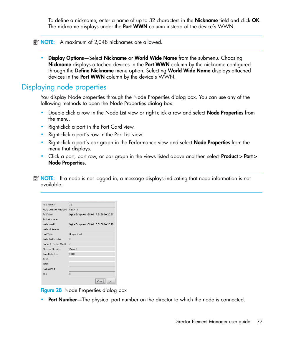 Displaying node properties, Figure 28 node properties dialog box, 28 node properties dialog box | Displaying node, Properties | HP StorageWorks 2.64 Director Switch User Manual | Page 77 / 216