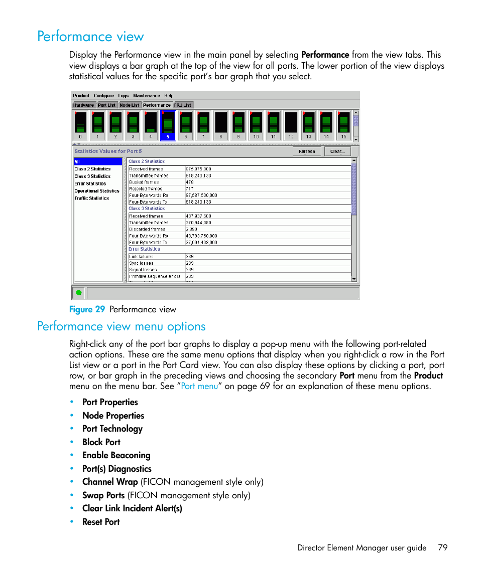 Performance view, Figure 29 performance view, Performance view menu options | 29 performance view | HP StorageWorks 2.64 Director Switch User Manual | Page 79 / 216
