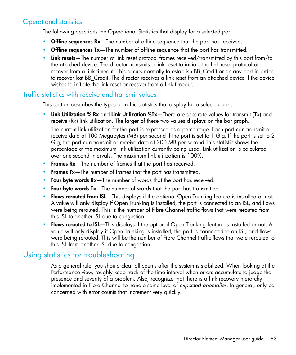 Operational statistics, Using statistics for troubleshooting | HP StorageWorks 2.64 Director Switch User Manual | Page 83 / 216