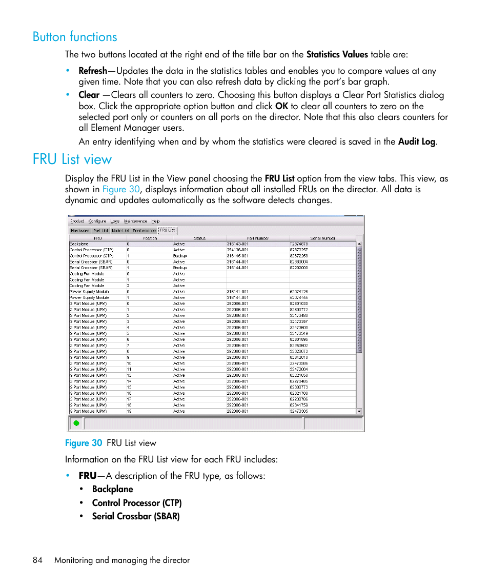 Button functions, Fru list view, Figure 30 fru list view | 30 fru list view | HP StorageWorks 2.64 Director Switch User Manual | Page 84 / 216